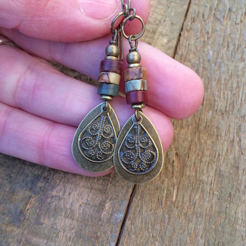 Antique-bronze Carved-ornament Creative Aged Water-drop Earrings