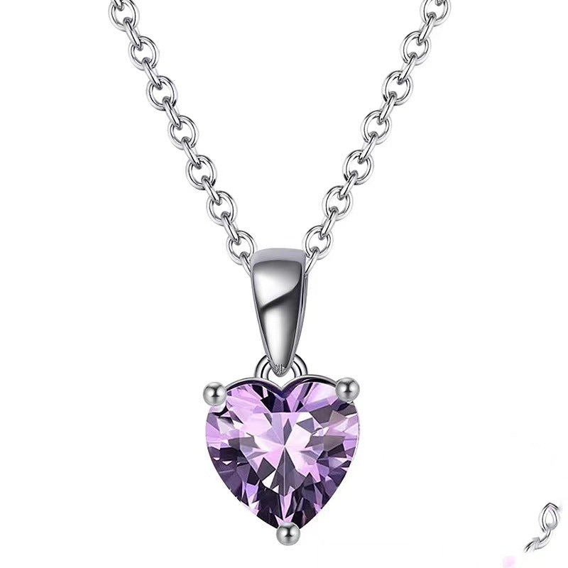 Women's Colorful Heart Gemstone Necklace, Birthday Stone 3A Zircon